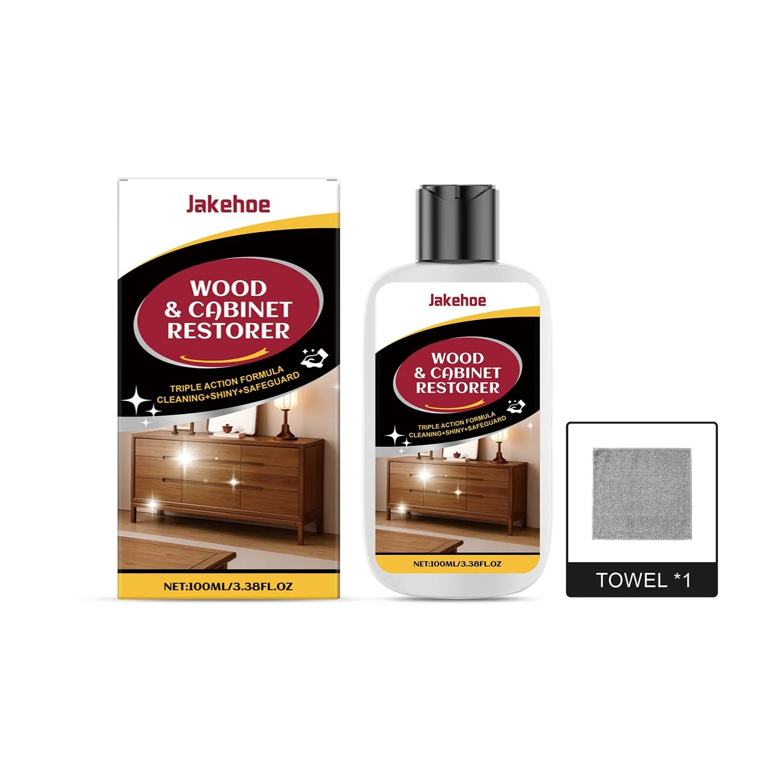 Wooden furniture scratch care solution kit showing 100ml bottle and microfibre towel for surface maintenance
