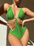 Women's black bikini swimsuit with chain design detail showing front view