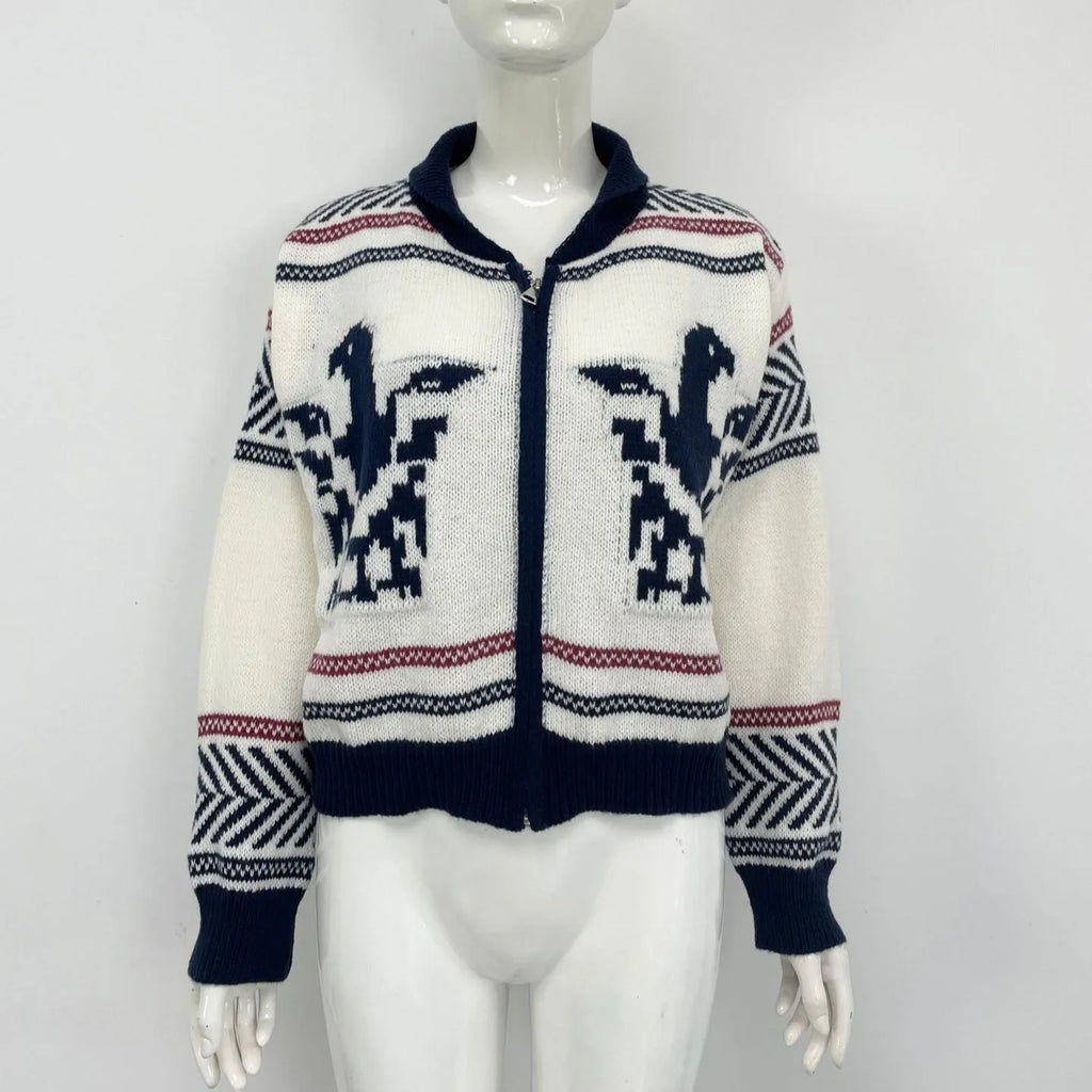 White women's cardigan with zipper front, lapel collar and jacquard contrast stripes