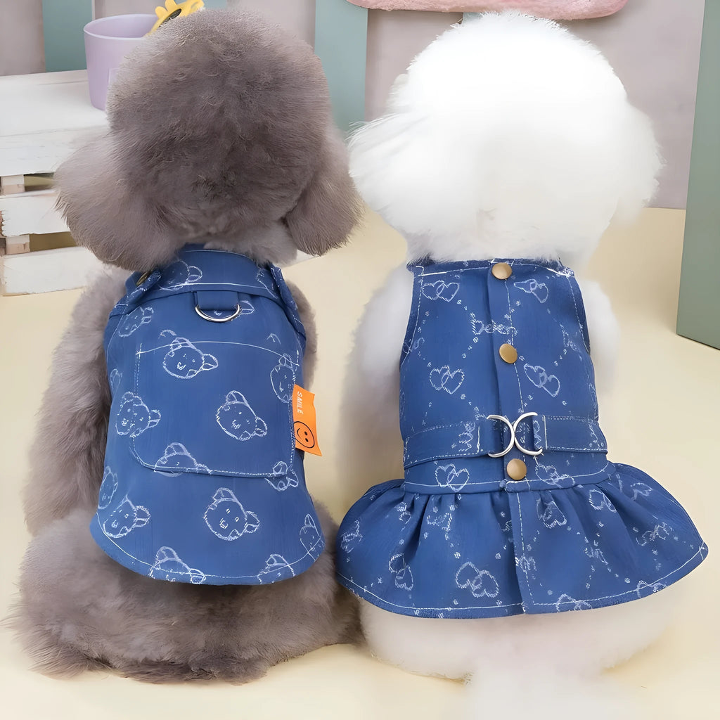 Small dog wearing a light blue denim princess dress with a bracket skirt, suitable for spring or autumn.