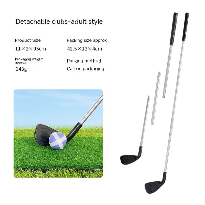 Metal golf club set showing adult and children's colour options for outdoor sports practice