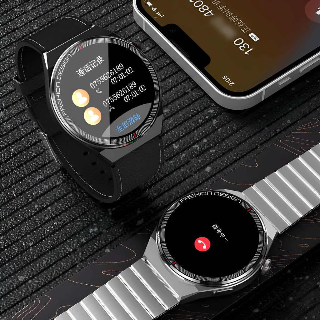 Black or silver smartwatch with Bluetooth calling, NFC, and health monitoring on a 1.28-inch screen.