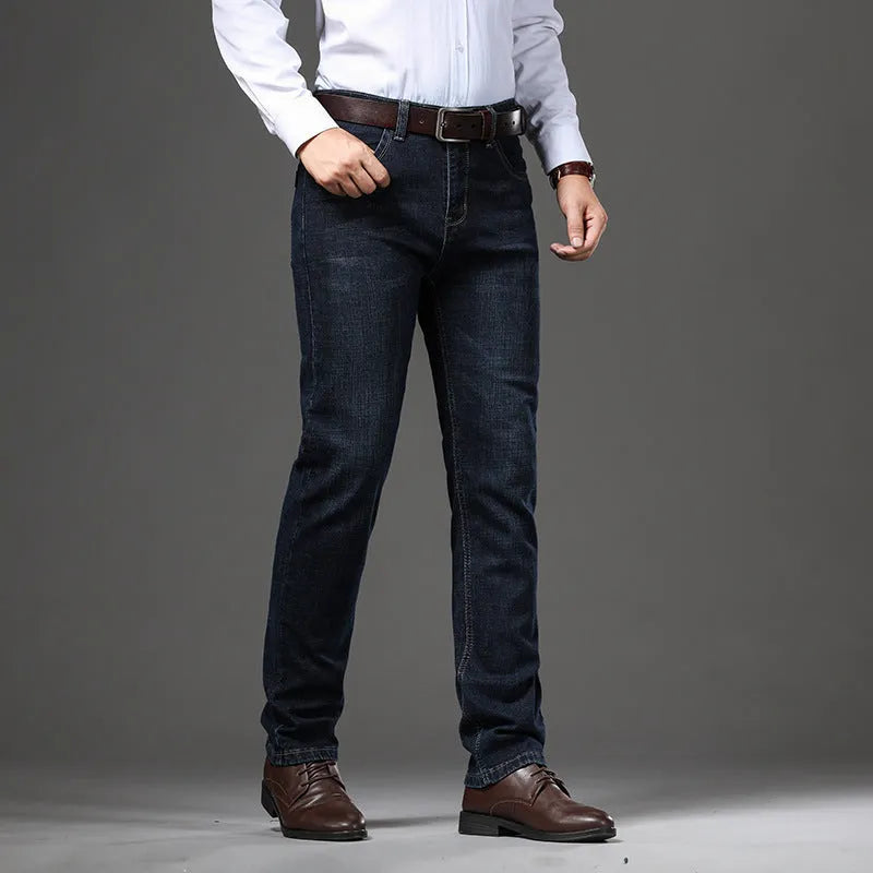 Stretch jeans loose fit straight-leg trousers in black and blue colours on size chart