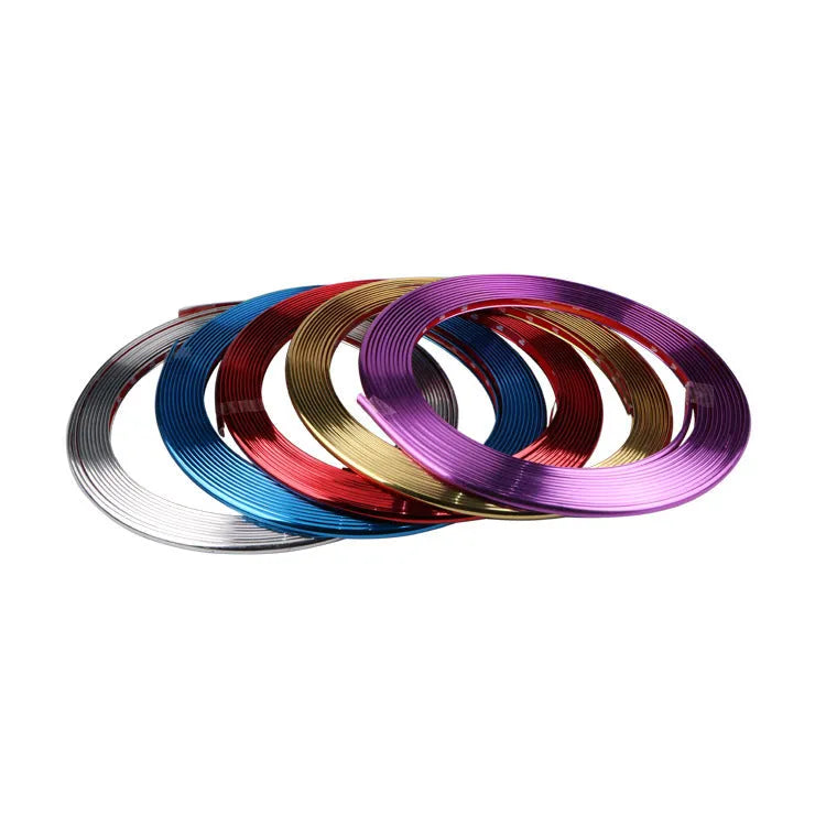 Electroplated purple PVC wheel protection trim strip on car alloy wheel