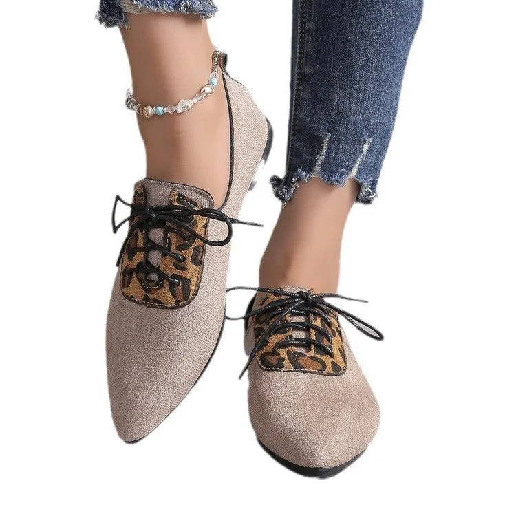 Women's beige leopard print pointed toe pumps in plus sizes 36-43 with artificial PU upper and rubber sole.
