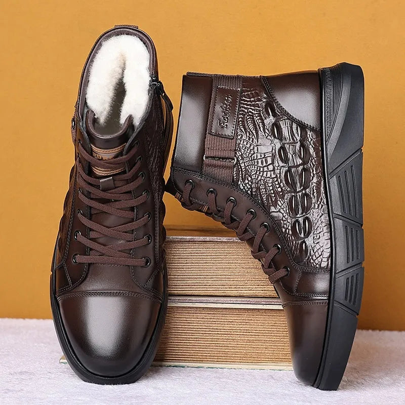 Men's black genuine leather snow boots with fur integration and velvet detailing, lace-up front closure
