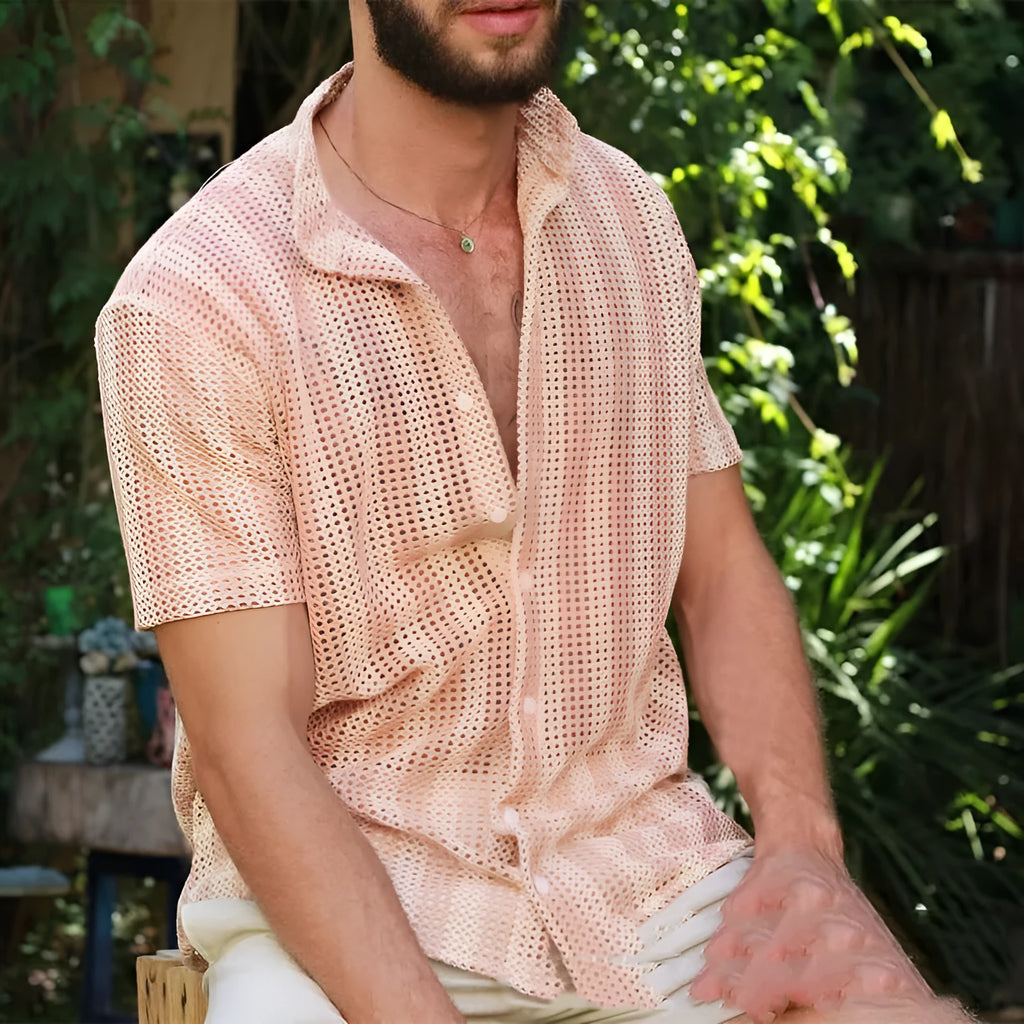 Pink men's waffle weave summer cardigan showing loose fit and short sleeve design