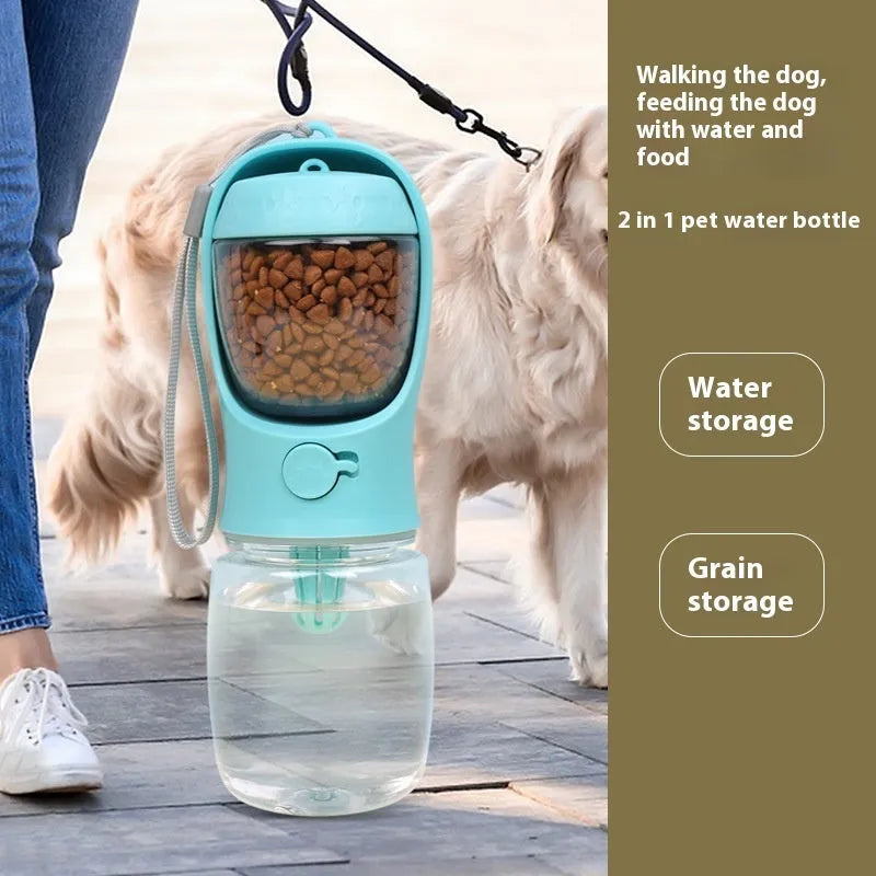 Blue dual-use plastic dog outing cup with detachable feeding dish, shown in 550ml size.