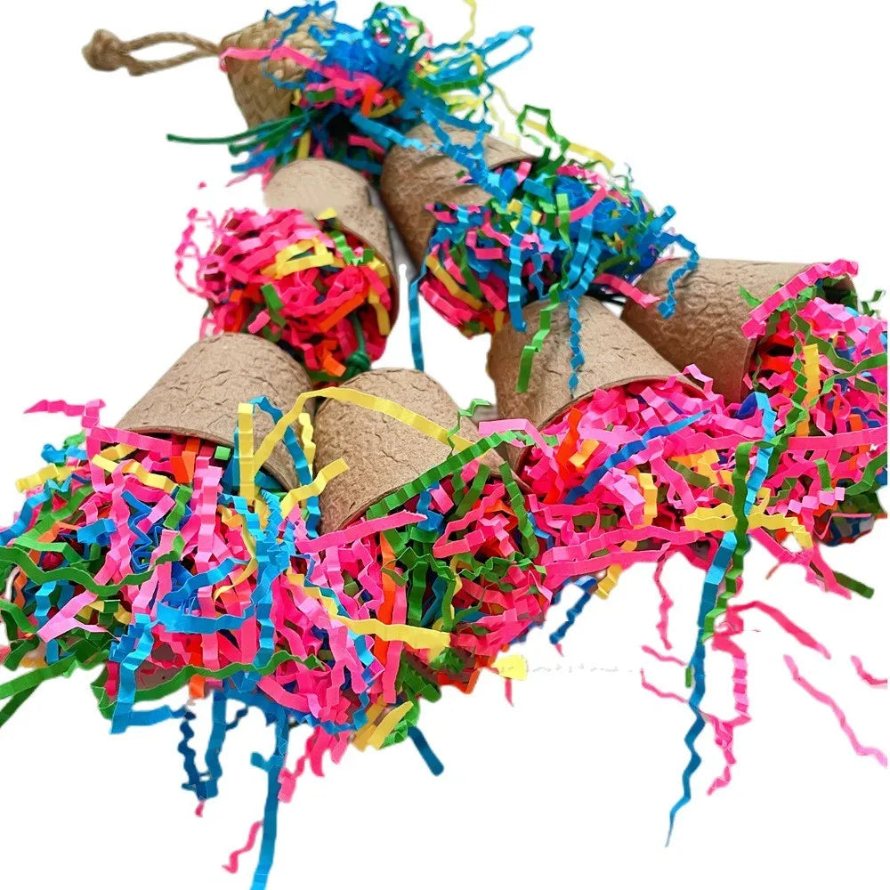 Wood-colour woven paper cup bird gnawing toy hanging at 38cm length