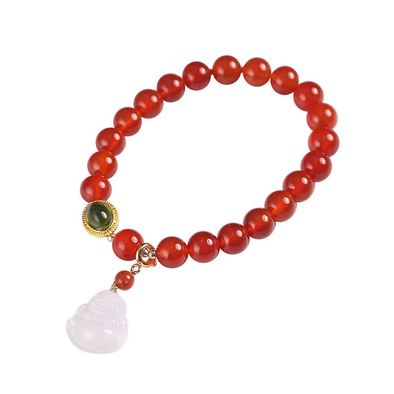 Handcrafted women's bracelet with red agate stone, amber beads, jade and Buddha pendants.
