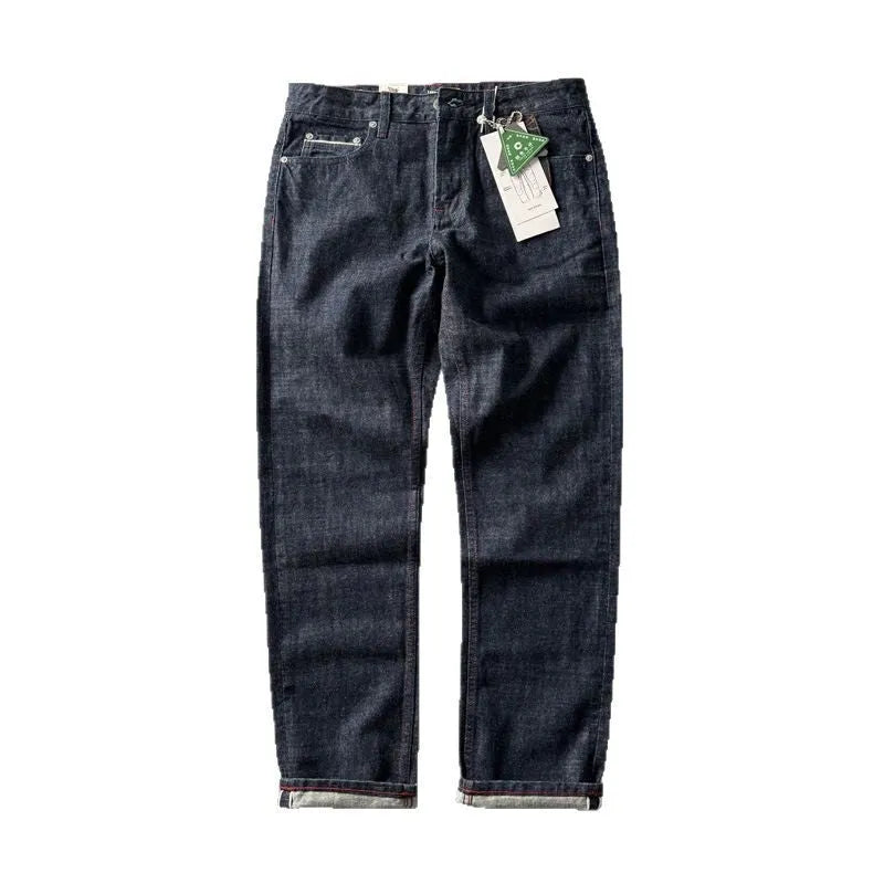 Men's primary colour straight leg denim trousers on a mid-waist fit model.