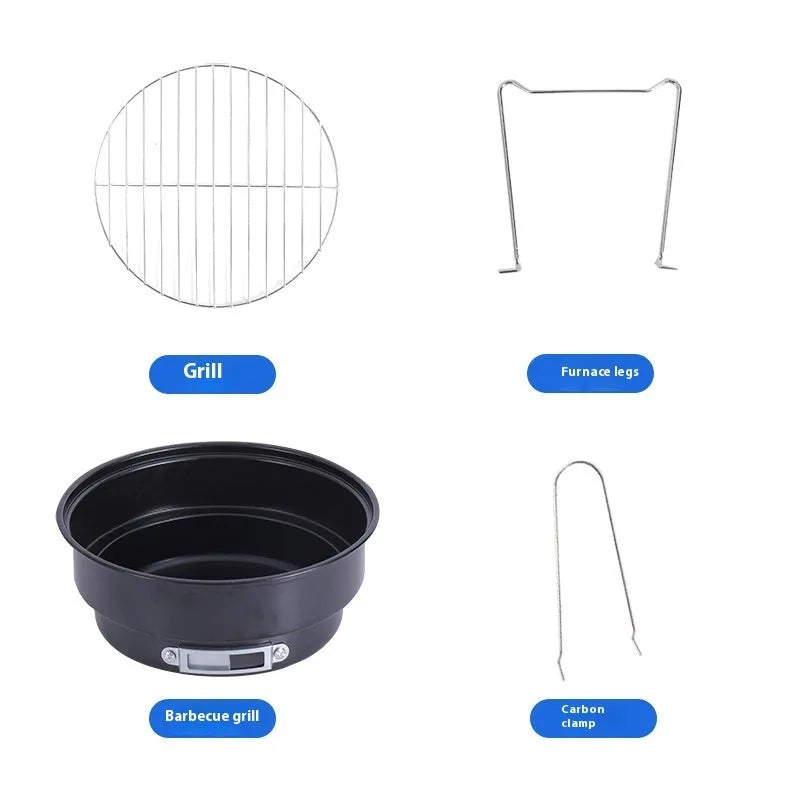 Small folding round ice stove with grill mesh, barbecue grill, furnace leg and carbon clip for outdoor cooking