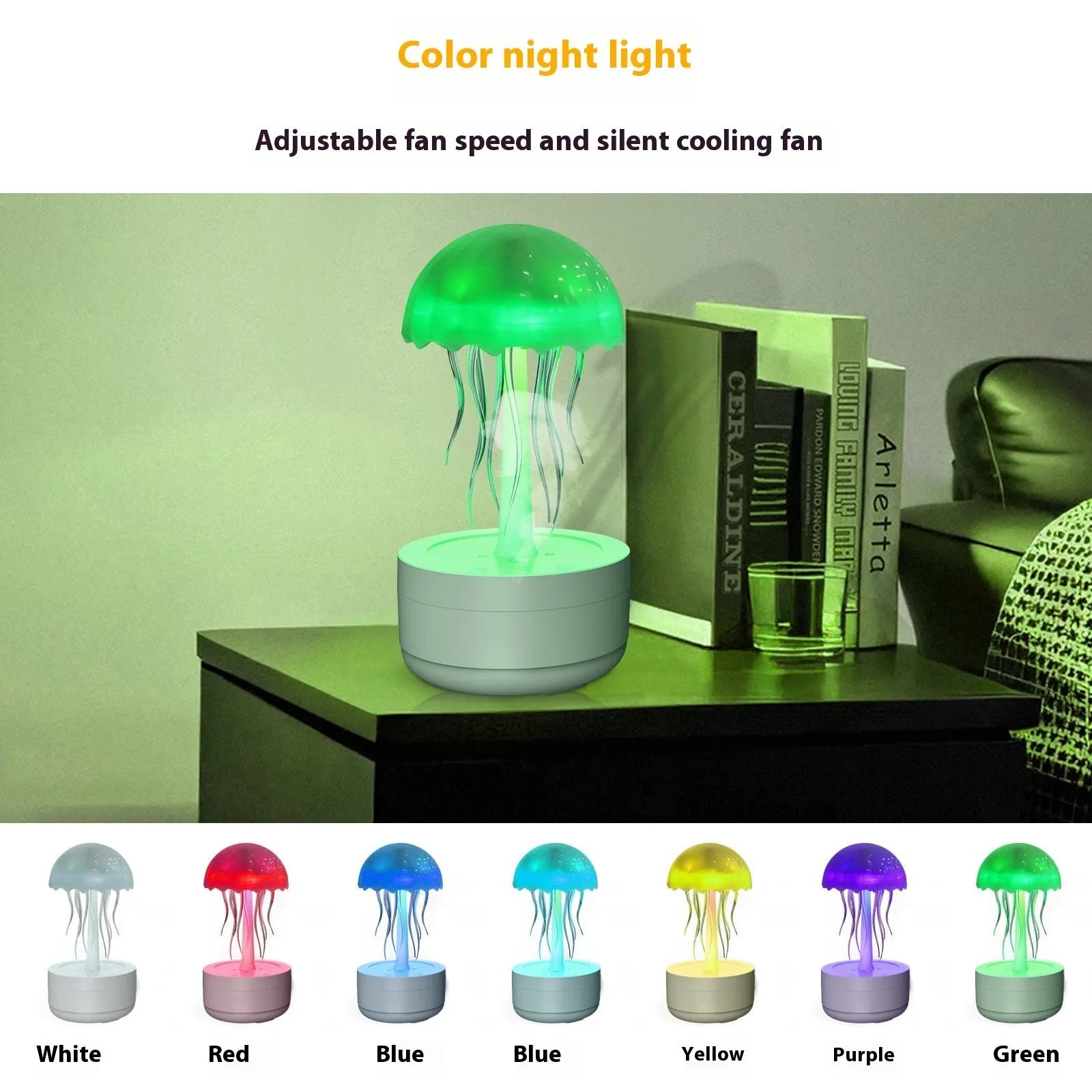 White jellyfish-shaped humidifier diffuser with colourful LED lights and visible mist output