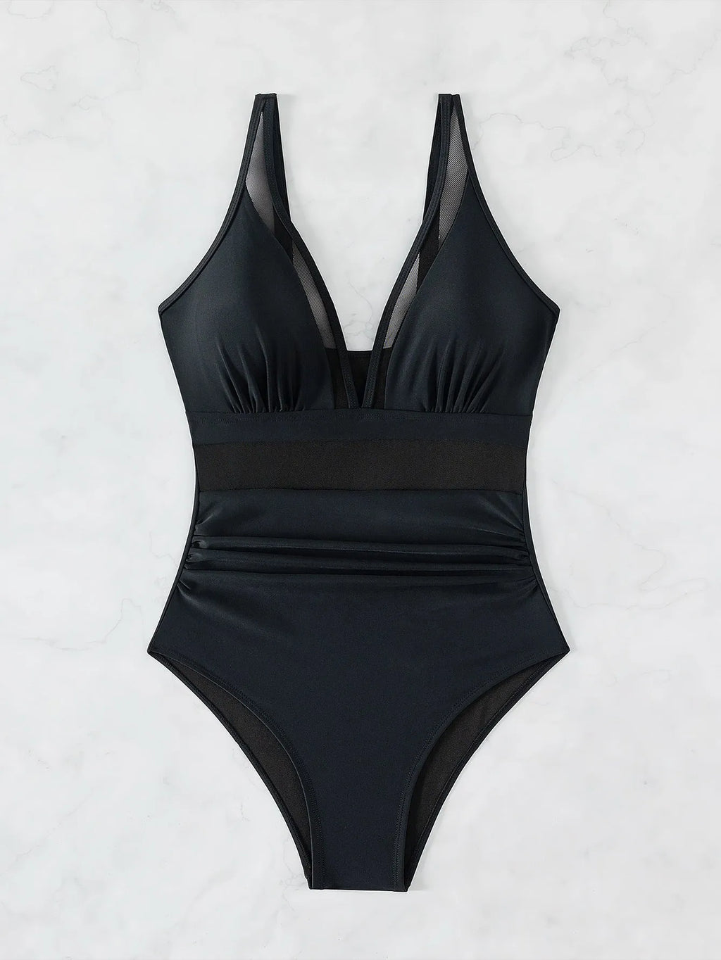 Black women's halter neck one-piece swimsuit with mesh panels on mannequin