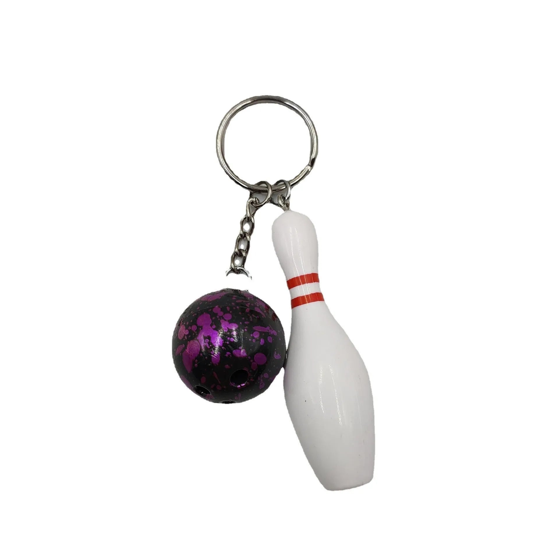 Miniature dark red bowling ball keychain on a metal ring with blue, purple, and green colour options shown