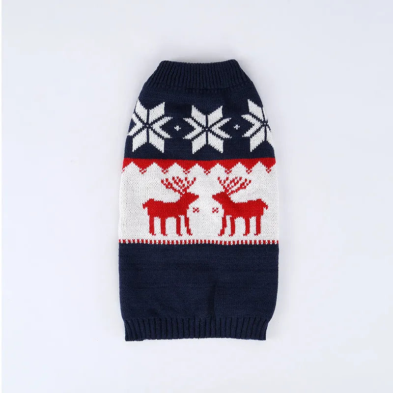 Navy blue knitted Christmas sweater for dogs showing European and American styling with four size options