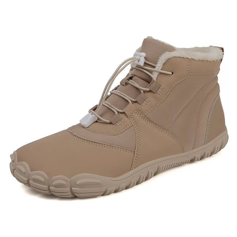 Waterproof unisex snow boots with lace-up front, fleece lining, and rubber sole in black, khaki, or pink.