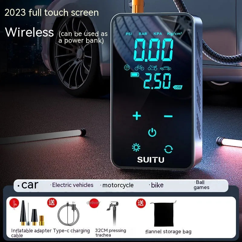 Black wireless portable tyre inflator with LCD screen, attached air hose, and set of four nozzle adapters