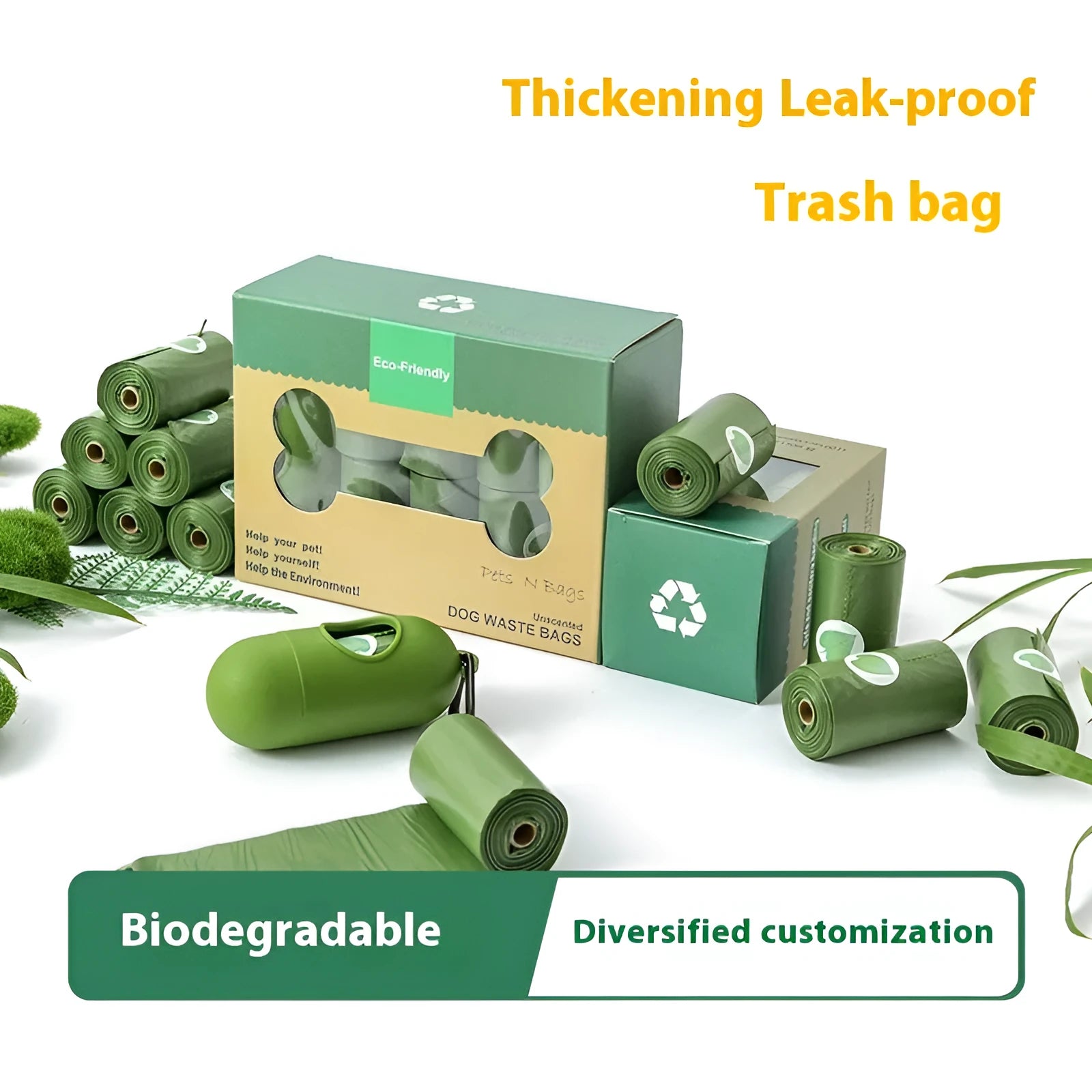 Roll of EPI degradable green dog poo bags next to a black portable dispenser on a green background.