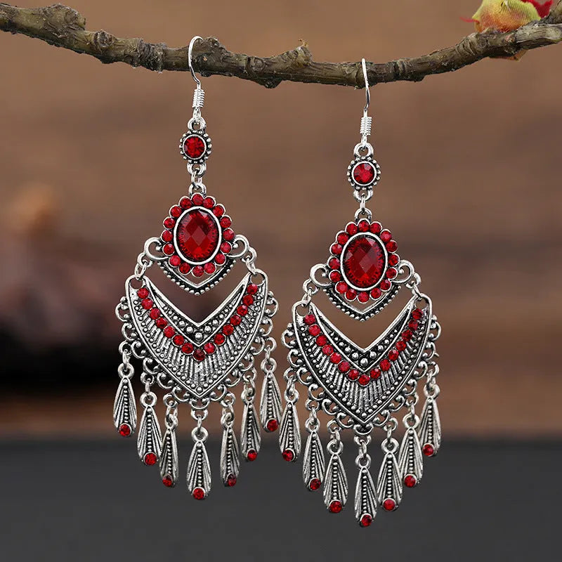 Purple retro court crystal long fringe drop earrings with ethnic style elements