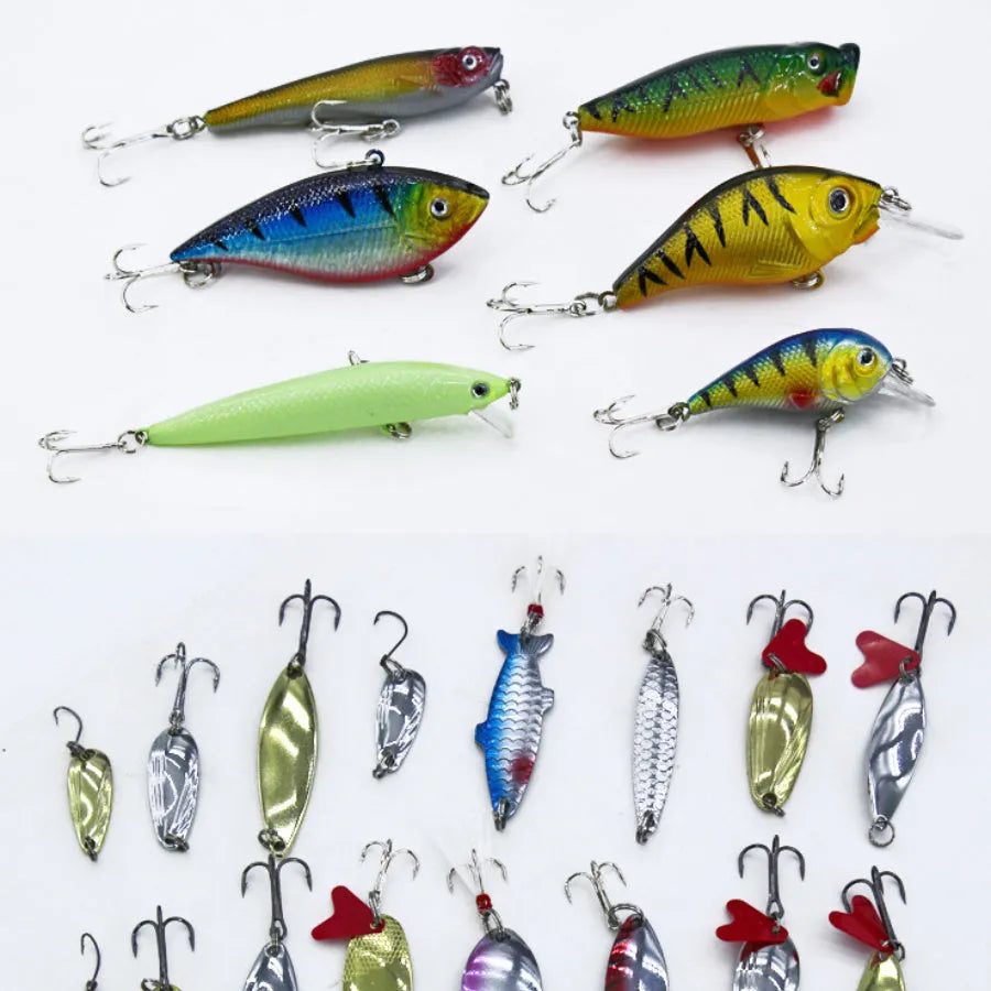 132-piece fishing lure set in rose red treasure colour with plastic baits and steel hooks