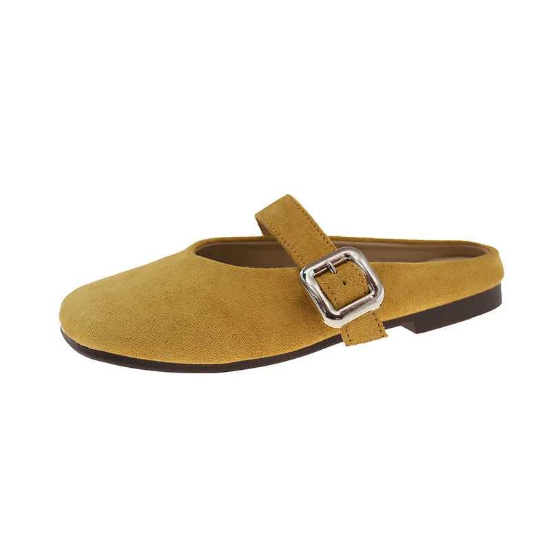 Women's flat closed toe half slippers in yellow, blue, apricot and red colours with square head design