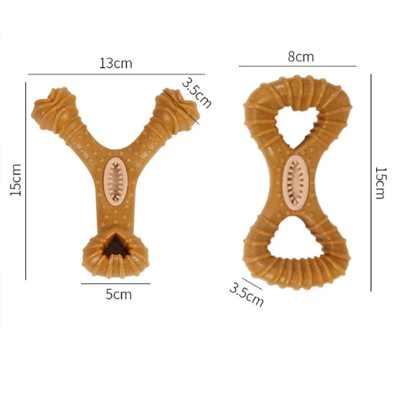 Durable rubber dog chew bone toy for teeth cleaning and play, shown in 8 shape and Y shape options.