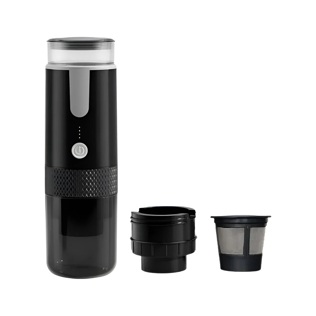 Black portable wireless K-Cup coffee machine for car and camping use.