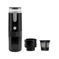 Black portable wireless K-Cup coffee machine for car and camping use.