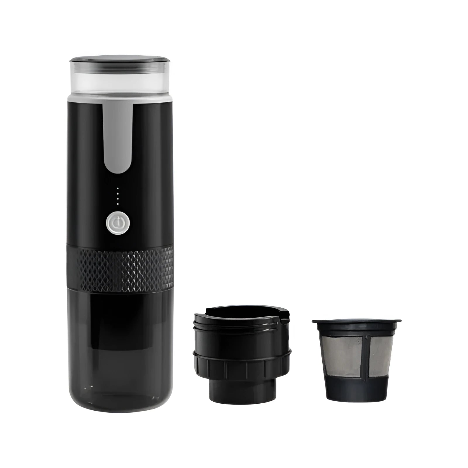 Black portable wireless K-Cup coffee machine for car and camping use.