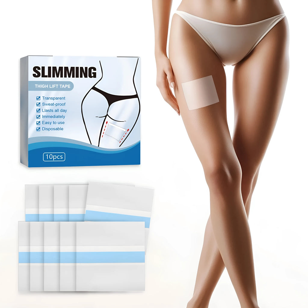 Box of 10 white body shaping adhesive patches on skin, each measuring 12 by 12 centimetres.