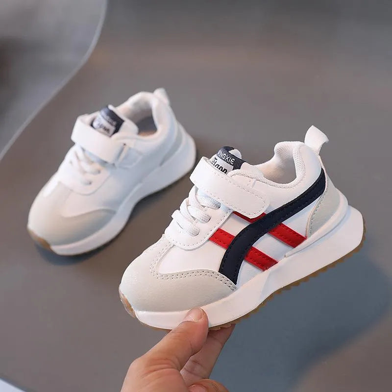 Children's white Velcro sneakers with synthetic leather upper and rubber sole