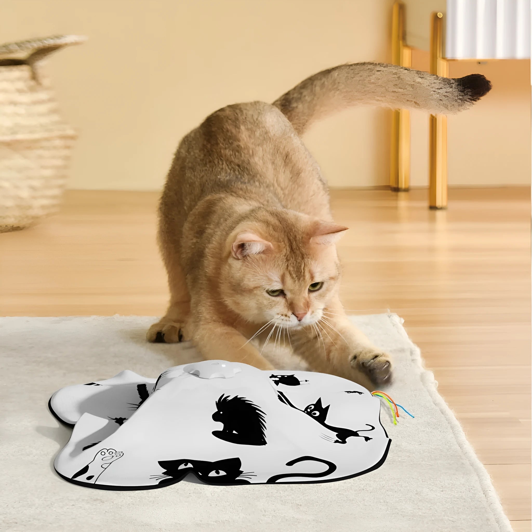 Plastic self-hi relief cat teaser toy measuring 19.8 by 11.5 by 19.5 centimetres