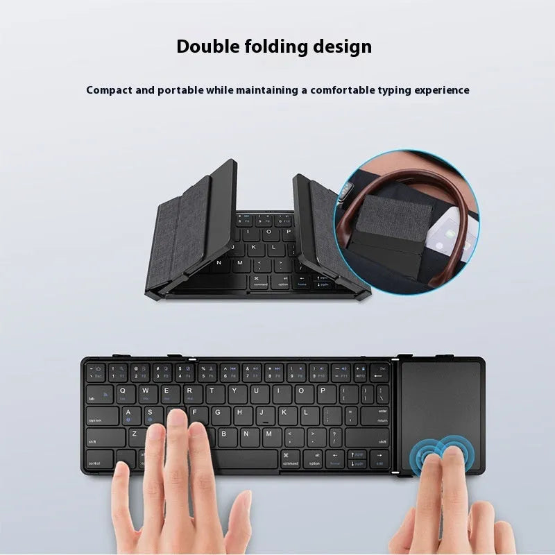 Black folding Bluetooth keyboard for mobile phones and tablets showing folded and unfolded positions