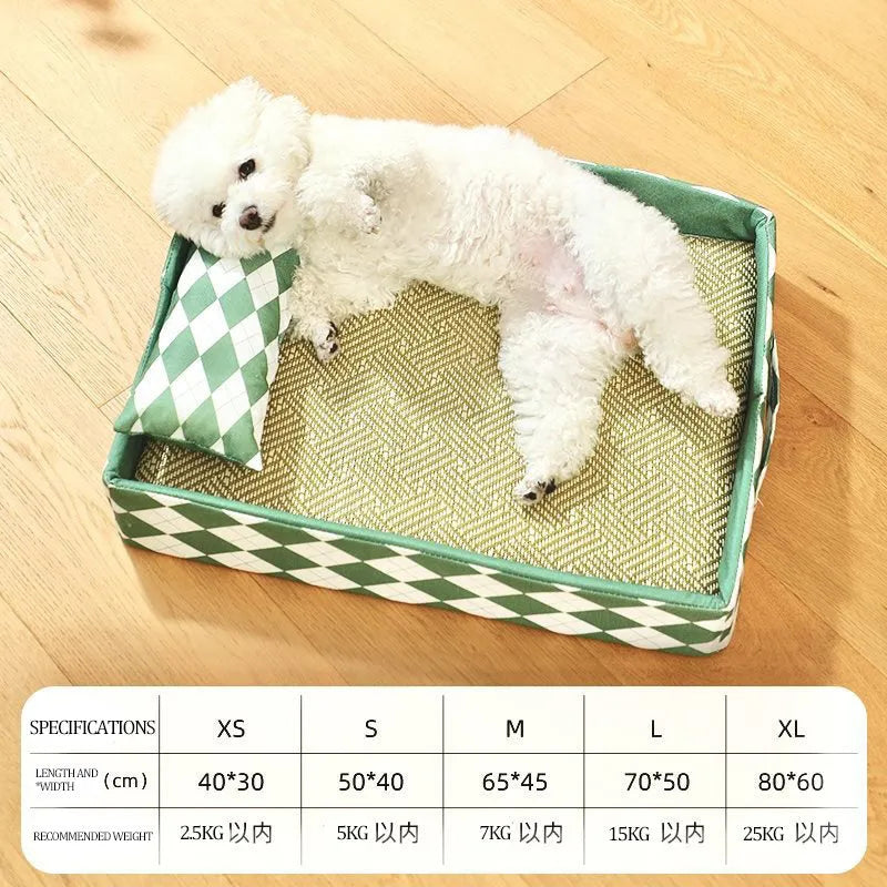 Blue woven rattan cat cooling mat with non-slip base placed on a wooden floor.