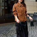 Women's brown suede-effect polyester coat with regular sleeves, street chic styling