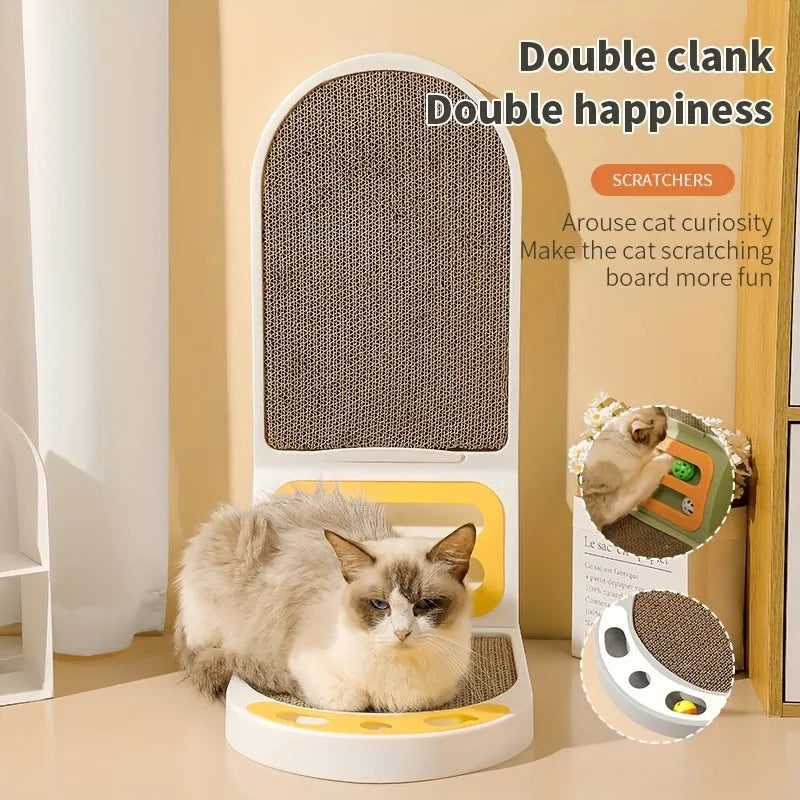 Grey L-shaped vertical cat scratching board with sisal fibre surface in a room corner.