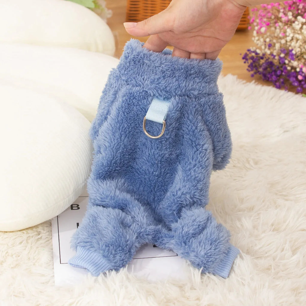 Double-sided thick plush dog clothing with high collar and towing ring in khaki colour