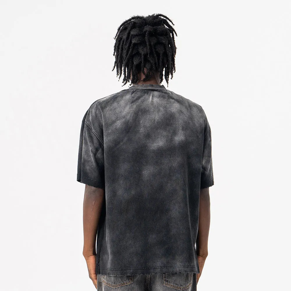 Black men's cotton t-shirt with printed letter pattern and drop-shoulder sleeves in loose street fashion style