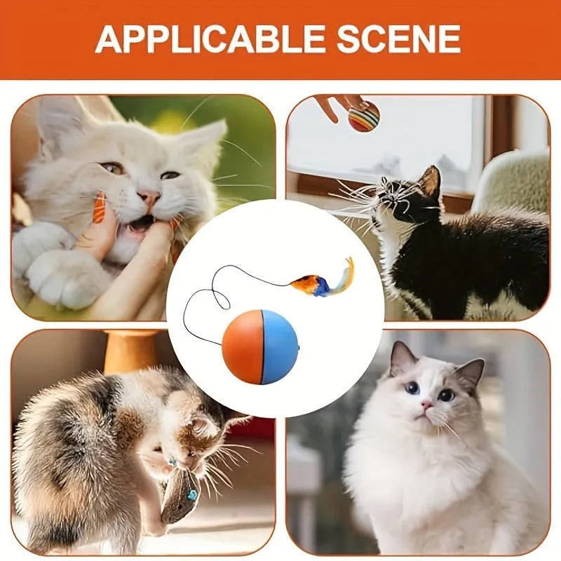 Blue and orange interactive cat toy ball with plush mouse attachment for indoor feline exercise