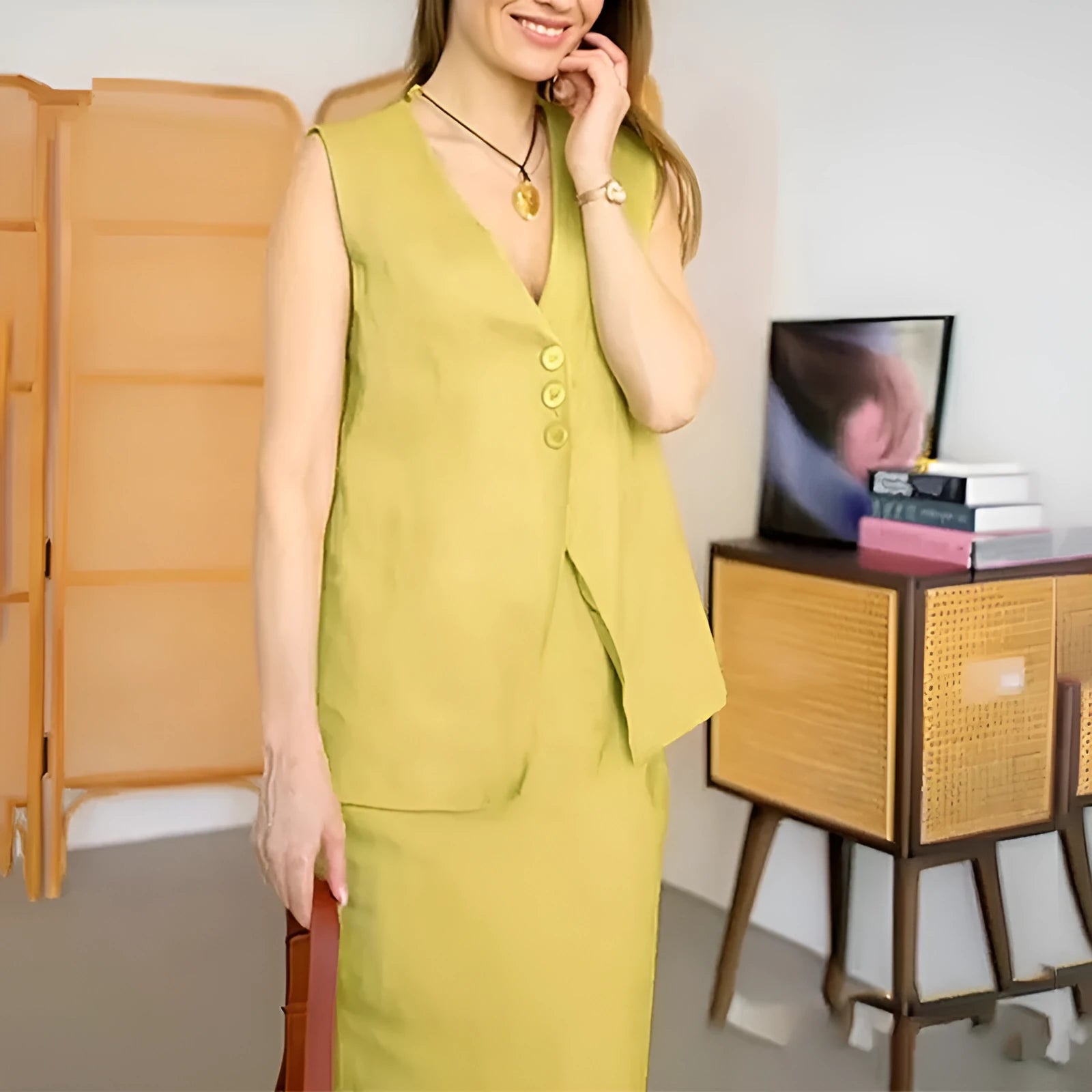 Women's casual two-piece suit with a sleeveless top and long skirt in a blue colour.