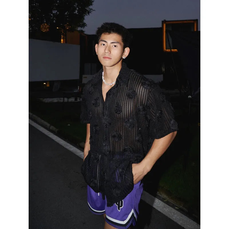 Men's heavy industry three-dimensional floral short-sleeved shirt in loose fit plus size with wool lining