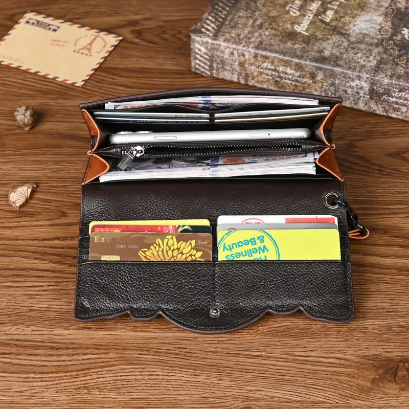 Chinese-style floral embossed women's leather wallet showing tri-fold design in retro brown colour