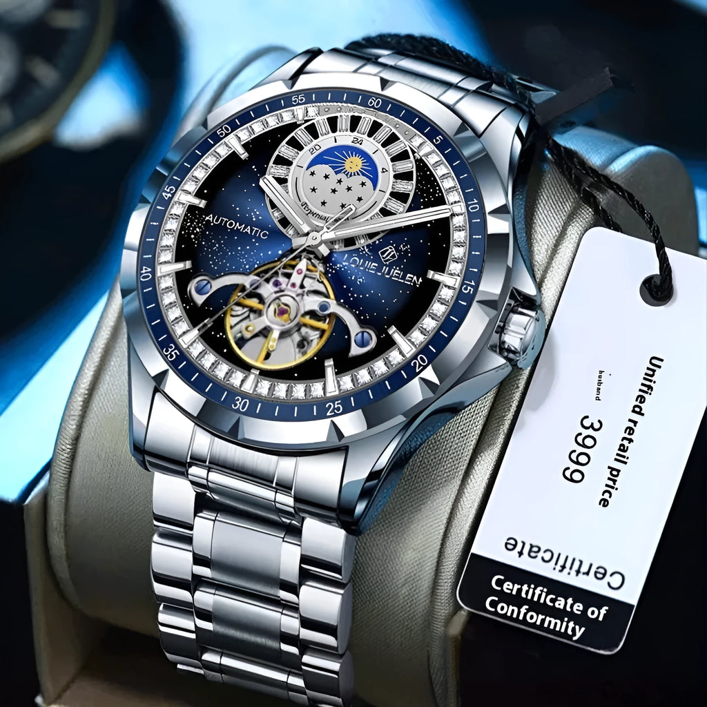 Men's silver alloy automatic business watch with blue dial and stainless steel strap showing waterproof design