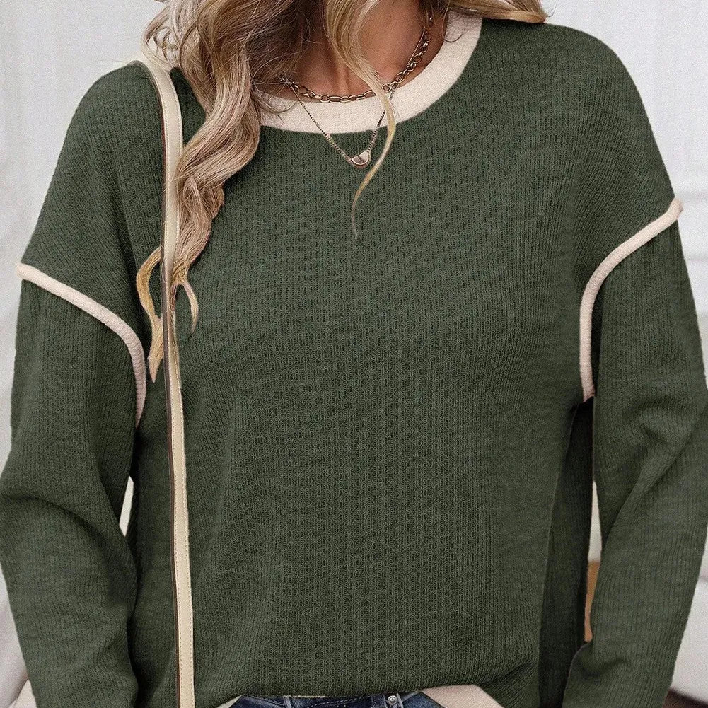 Women's four leaf clover green knit drop shoulder top with contrast trim detail