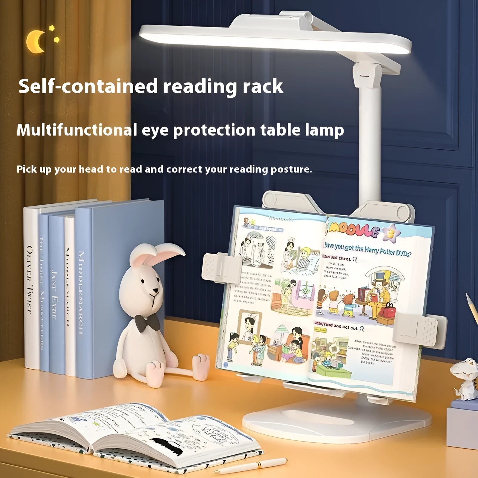 Adjustable desk lamp with a small attached shelf, showing three light temperature settings and a rechargeable battery.
