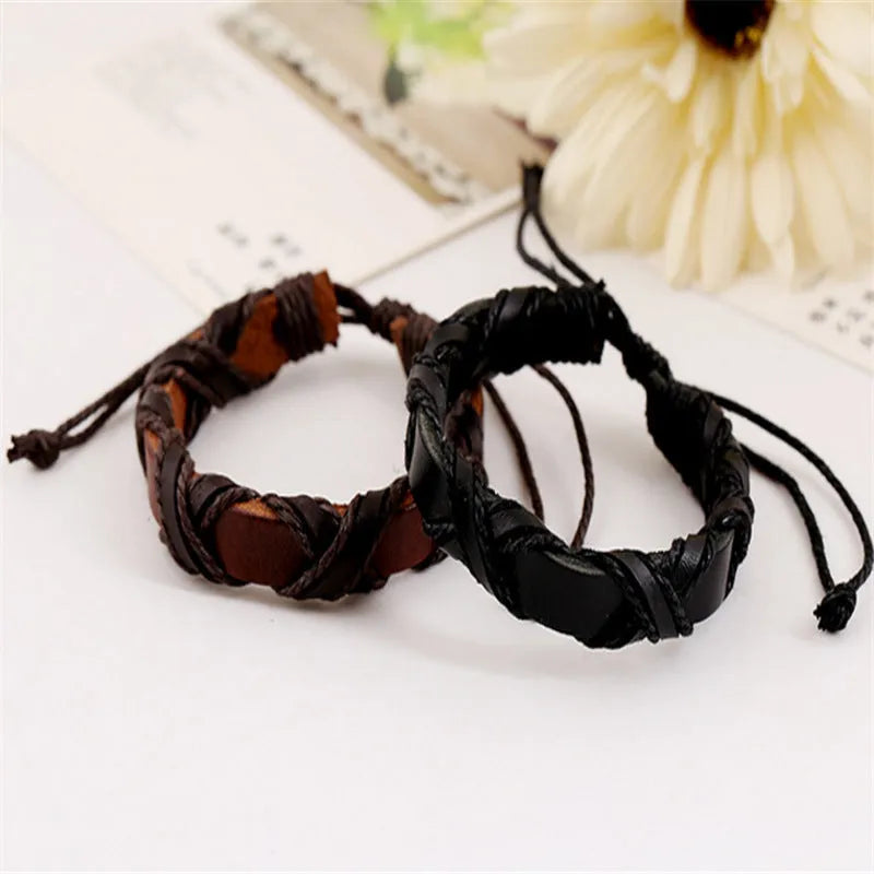 Asgard crafted leather Nordic arm bracelet in brown cowhide with black hemp rope adjustable fit