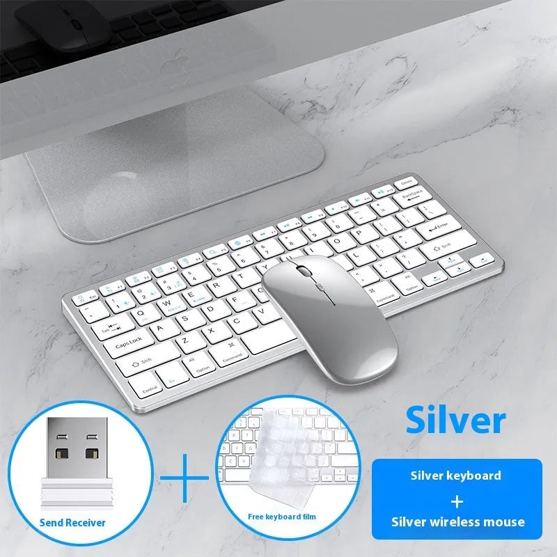 Ultra-thin wireless keyboard and mouse combo in black, gun colour, or silver with charging cable and receiver