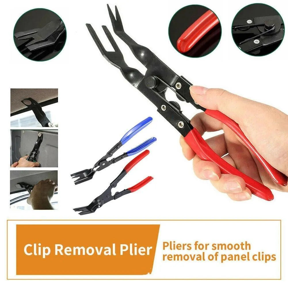 Blue steel automotive clamp removal pliers tool with 235mm length on a workbench.