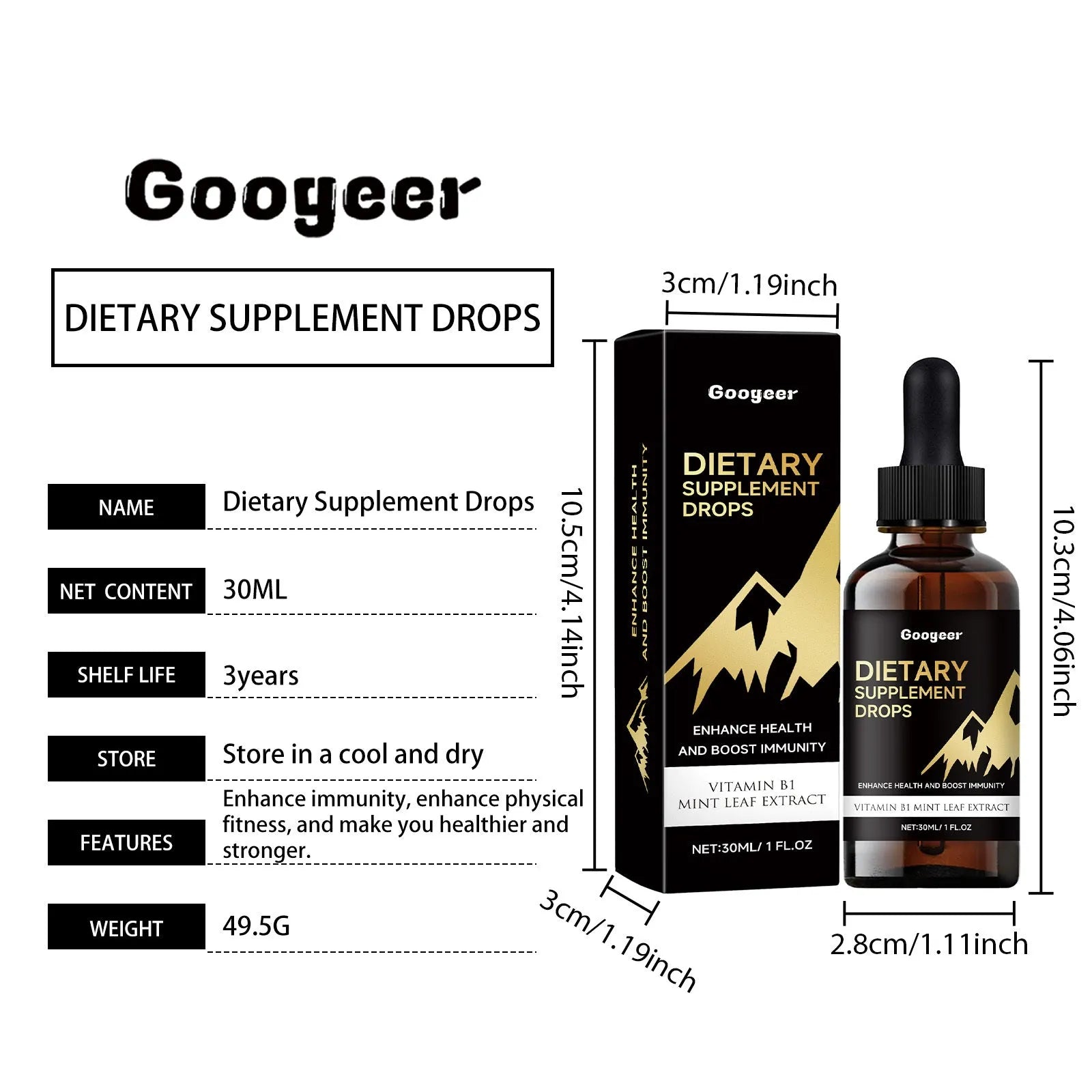 Bottle of clear liquid dietary supplement drops with a black dropper lid for precise dosing.